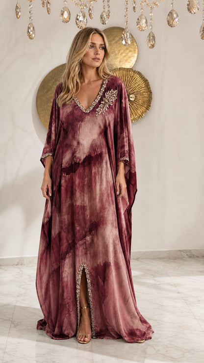 Burgundy wine red embellished kaftan maxi dress