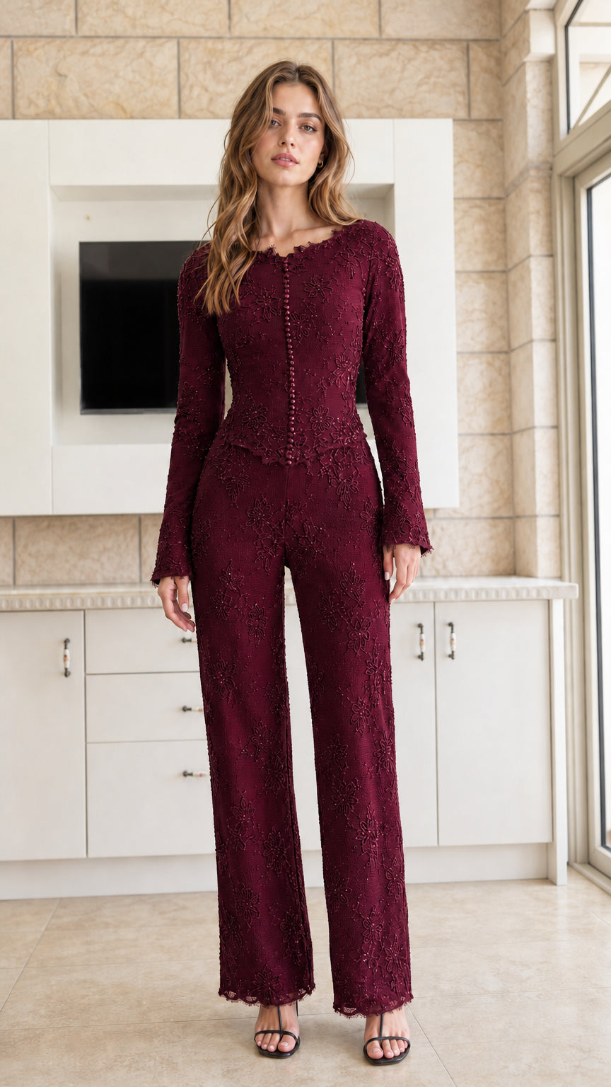Front full-length view of woman wearing burgundy wine floral lace two-piece pant suit
