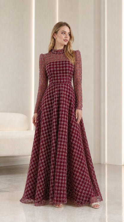 Full-length front view of burgundy wine embellished illusion high-neck maxi evening gown