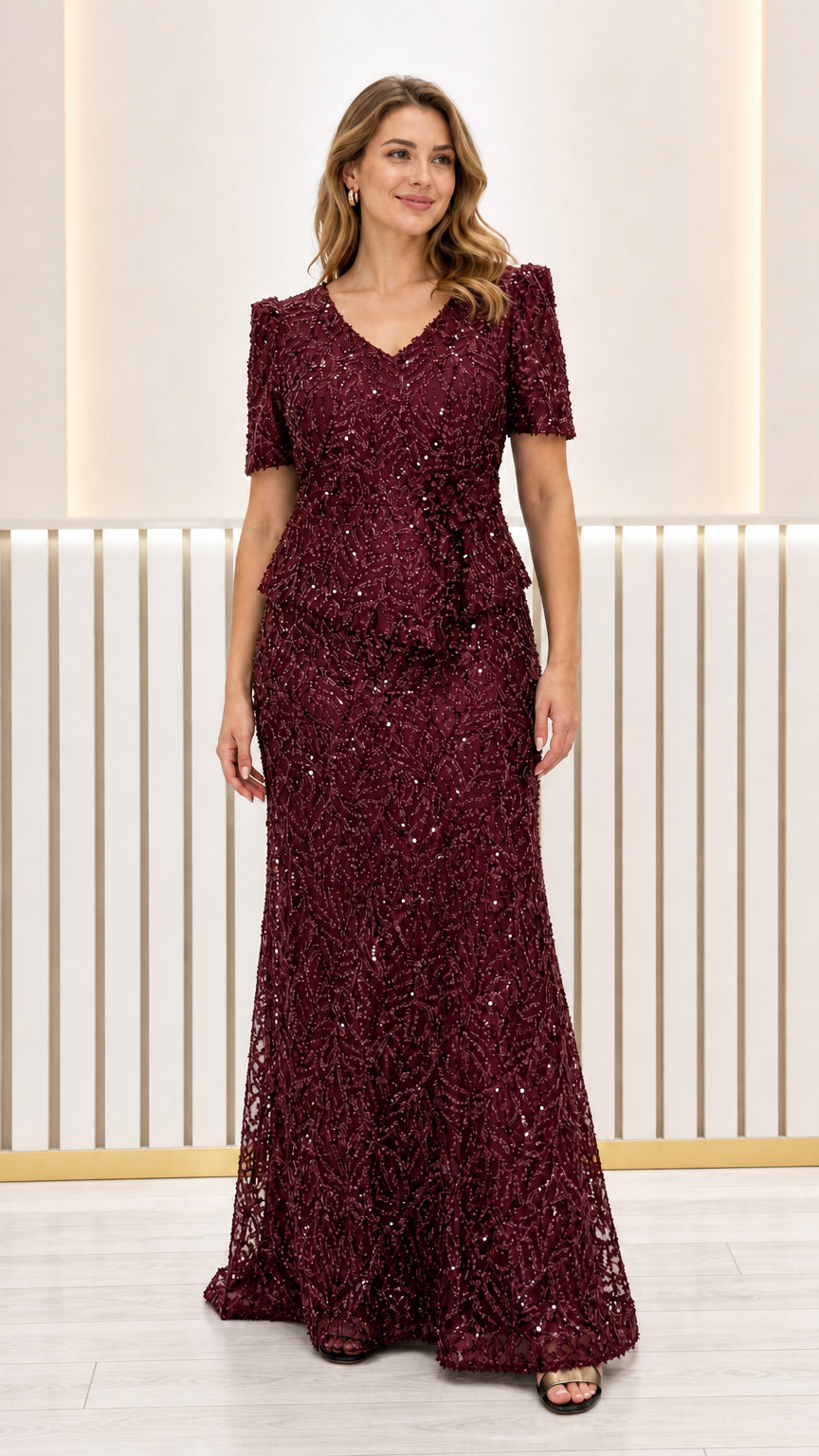 Front view of burgundy sequined embroidered peplum evening gown