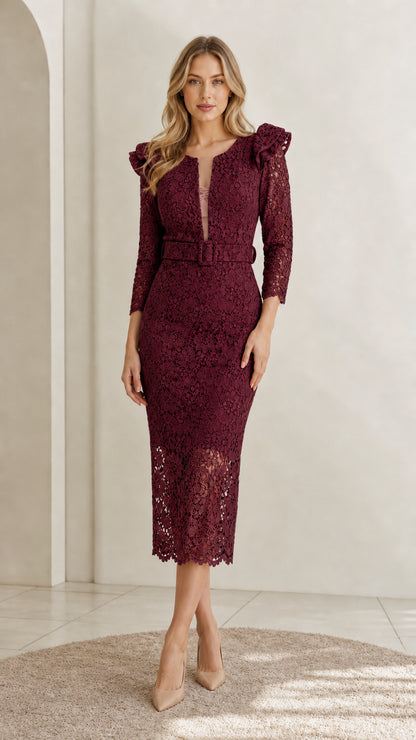Front view of model wearing burgundy wine floral lace belted pencil midi dress