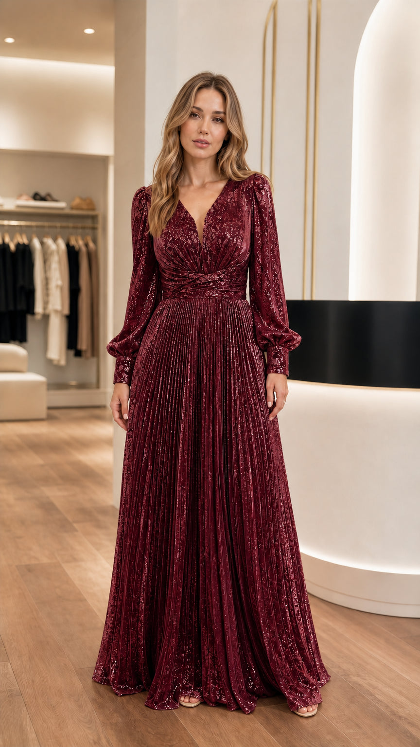 Full front view of model wearing Burgundy wine red long sleeve sequin pleated gown