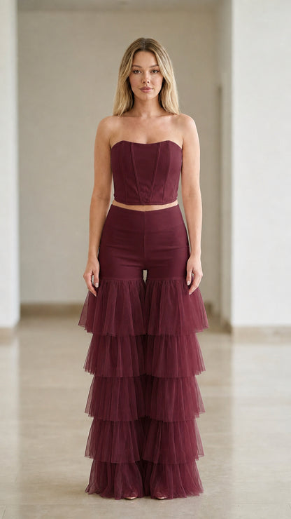 Burgundy wine strapless corset and dramatic tiered tulle ruffle pant set