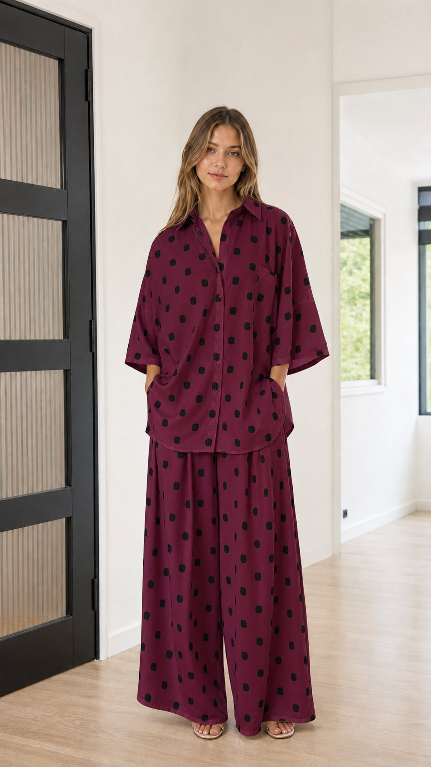 Front view of model wearing burgundy and black polka dot button-down and pants set