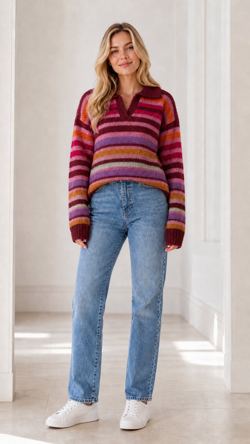 Front full view of woman wearing burgundy base multicolor striped polo knit sweater