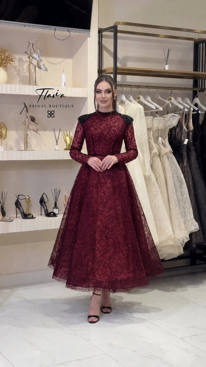 Burgundy wine red long sleeve beaded lace formal dress