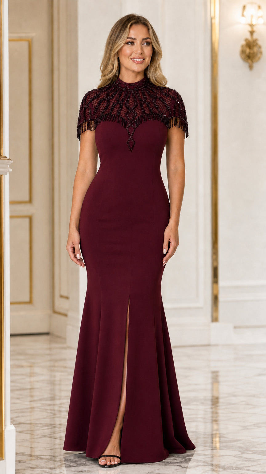Burgundy wine red beaded illusion mermaid evening gown