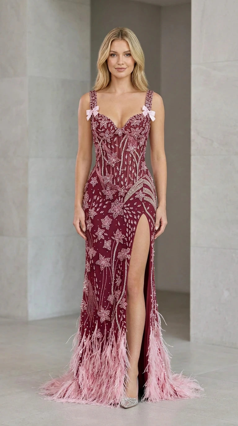 Front view of model in burgundy wine sequin corset evening gown with feather trim