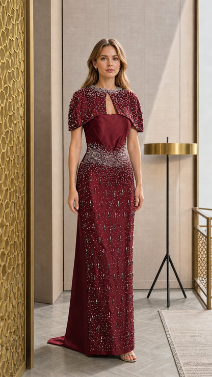 Burgundy wine red beaded capelet floor-length evening dress