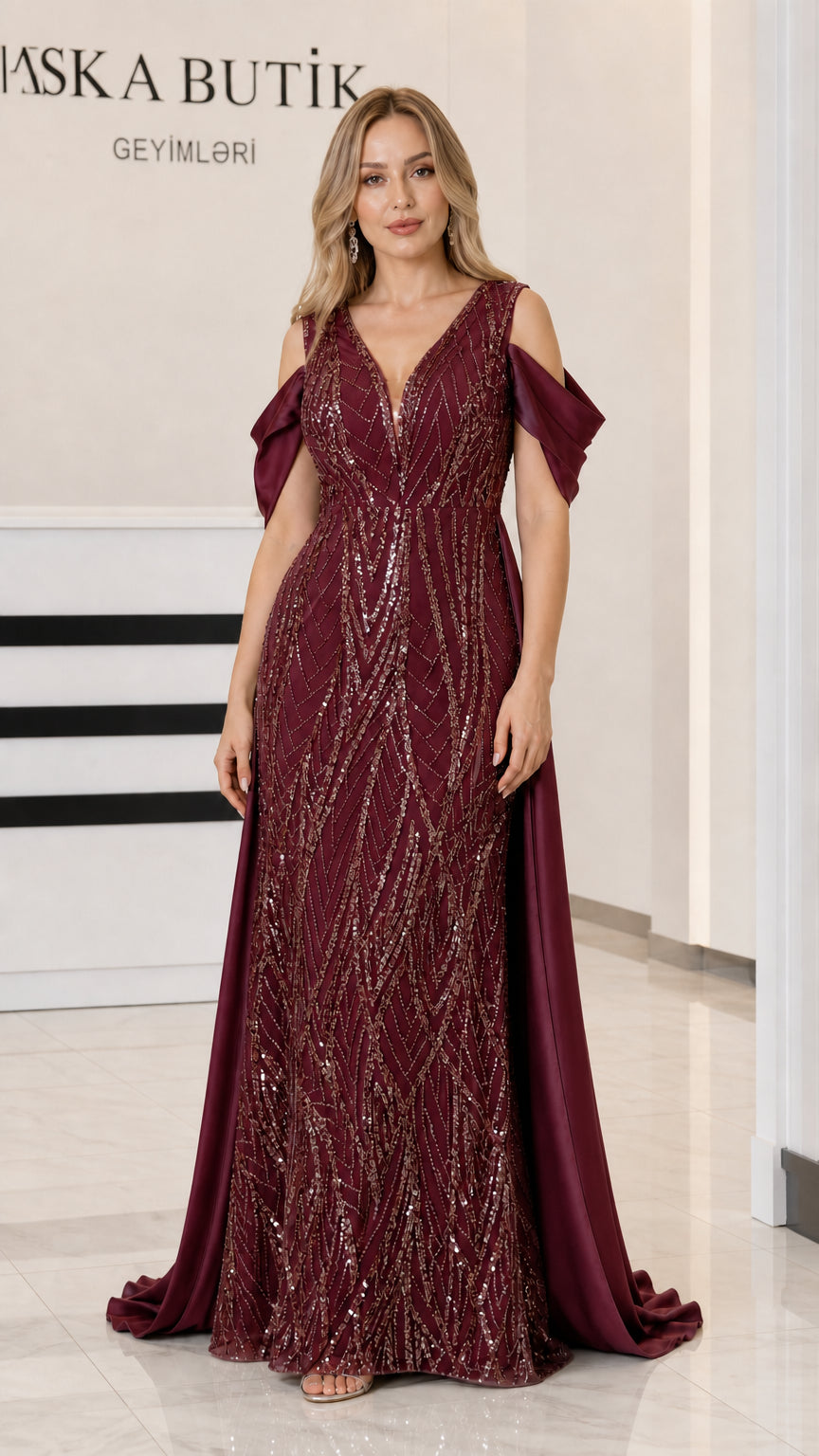 Front view of Burgundy sequin formal maxi gown with attached train
