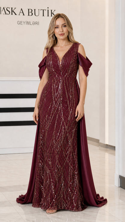 Front view of Burgundy sequin formal maxi gown with attached train
