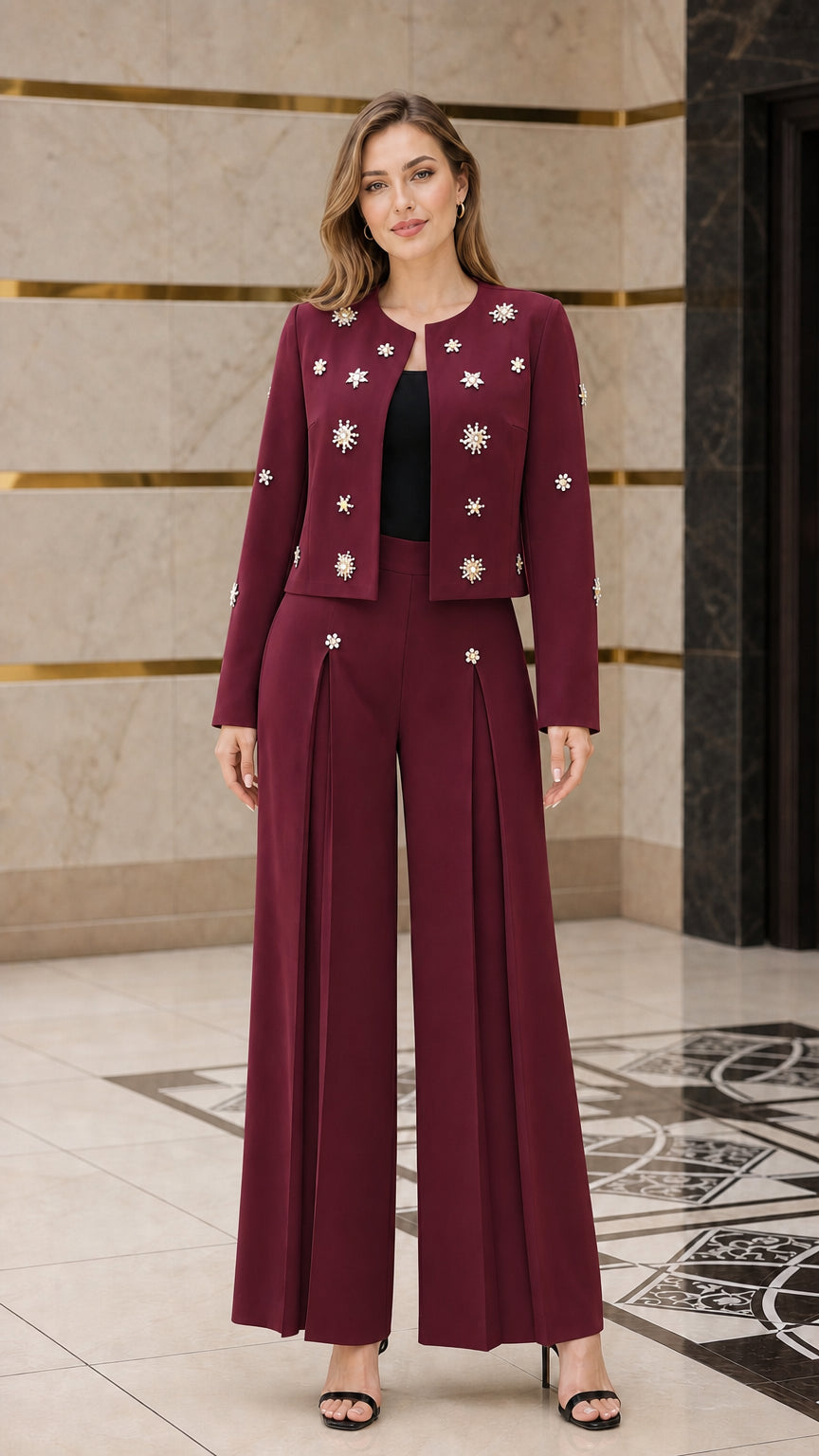 Model wearing burgundy wine red embellished formal 2-piece pant set