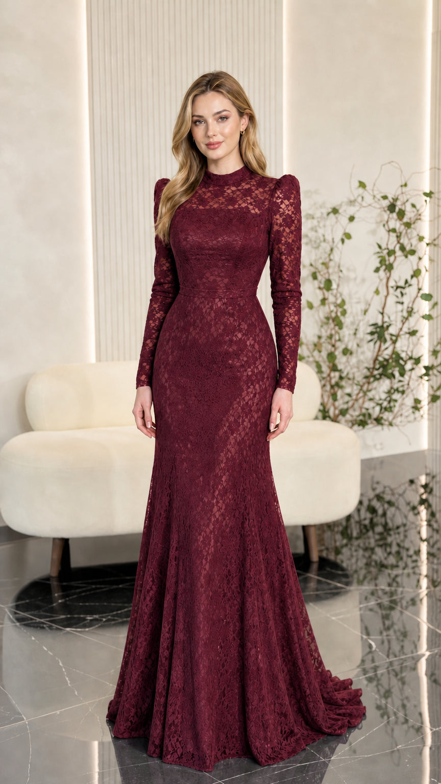 Burgundy wine red long sleeve lace mermaid evening dress