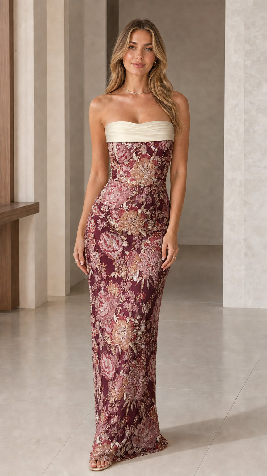 Burgundy strapless floral embroidered maxi evening gown front view