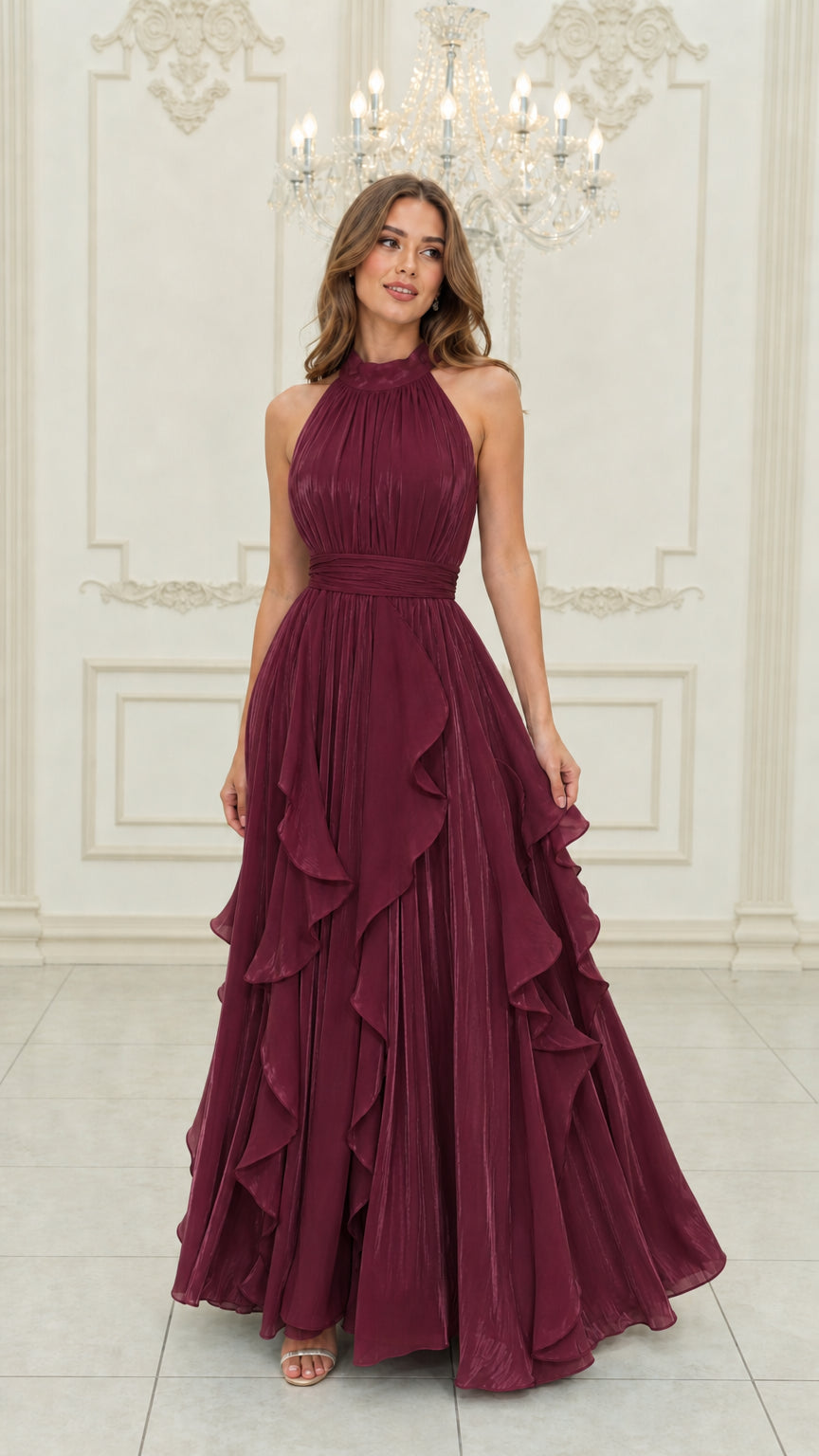 Burgundy wine red halter neck pleated ruffle maxi gown
