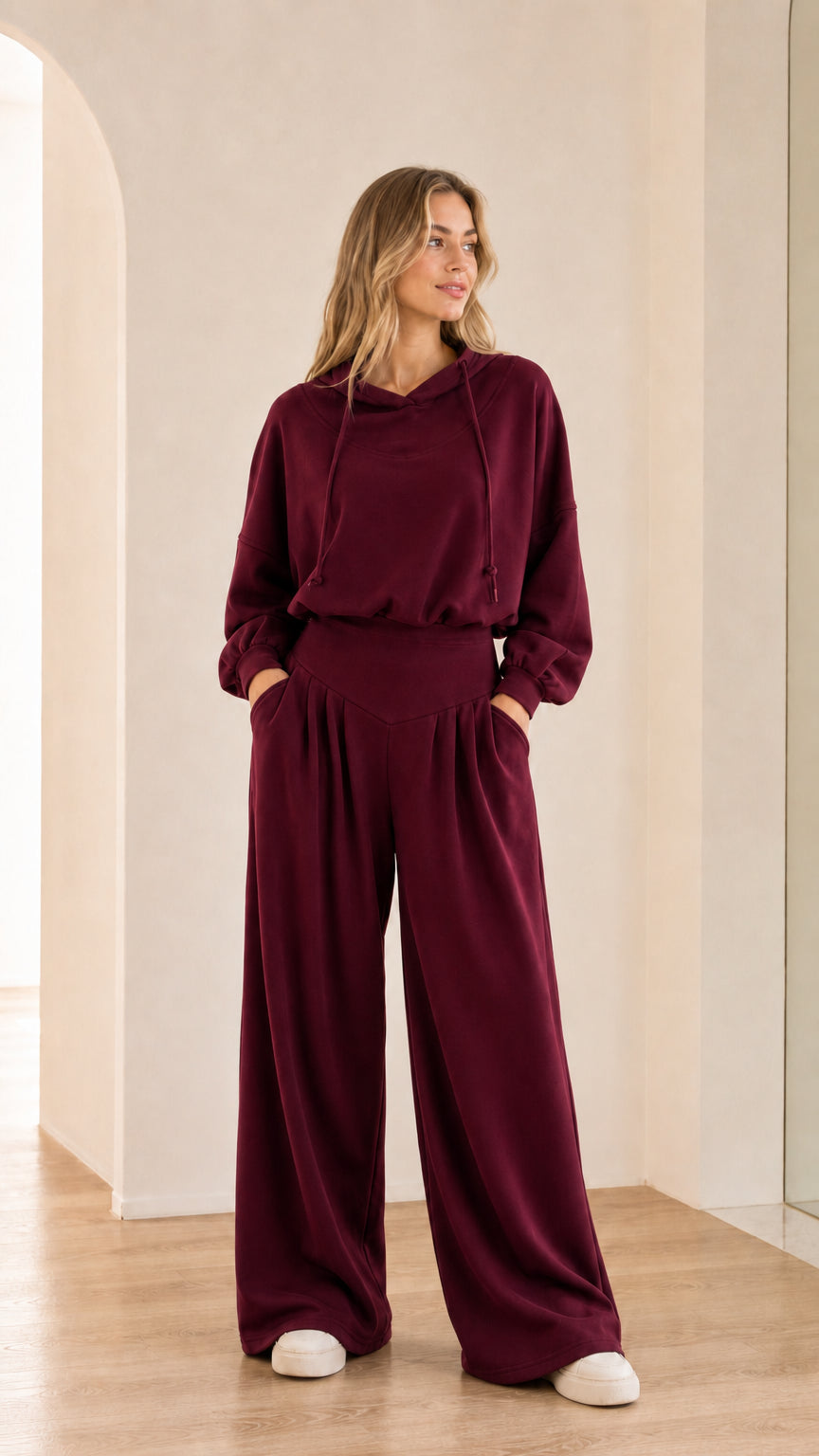 Full-body view of model wearing burgundy wine 2-piece wide-leg hoodie set