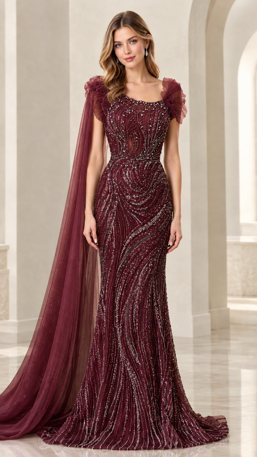 Burgundy wine sequin mermaid gown with flowing shoulder drapes