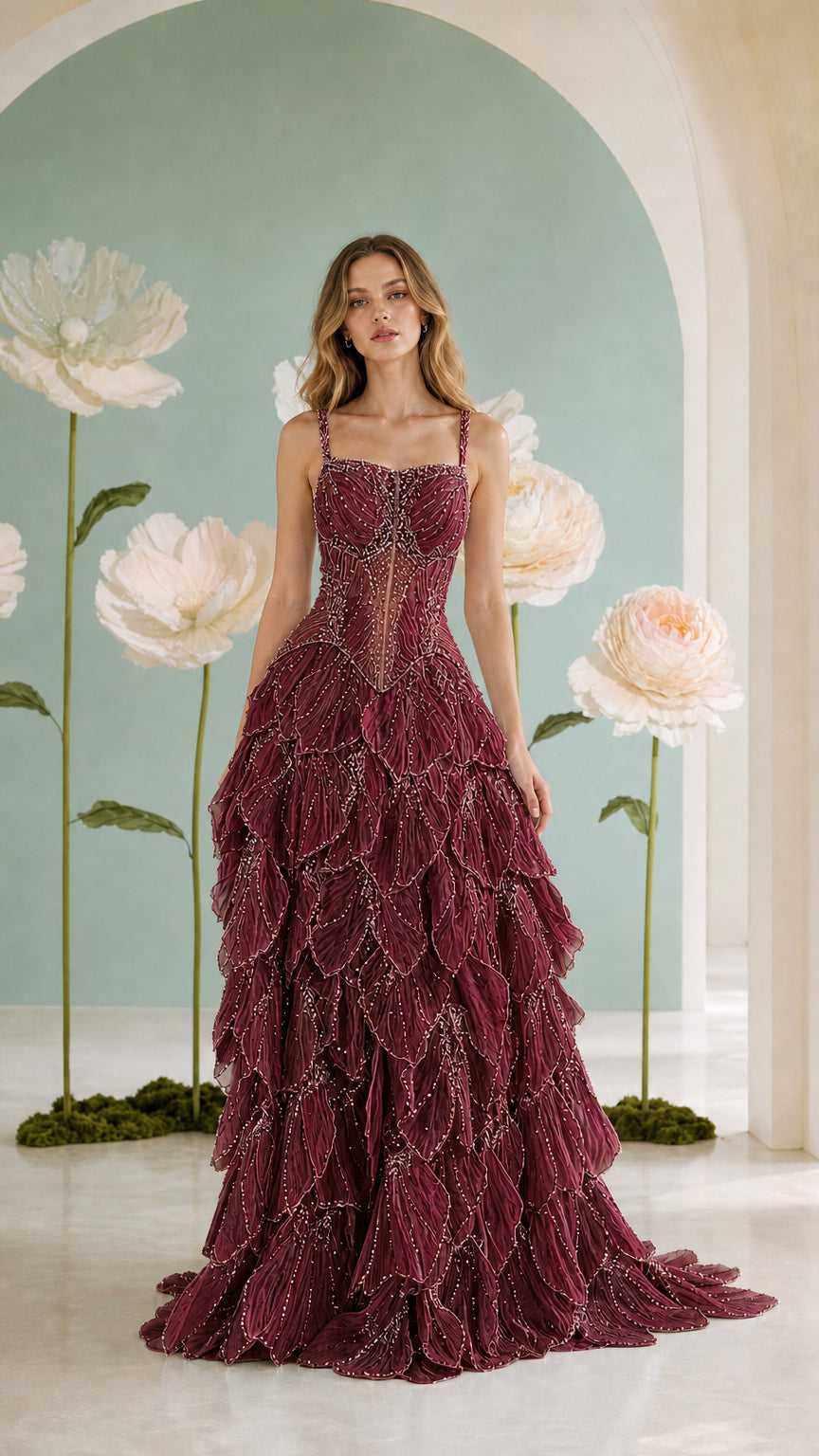 Burgundy wine beaded corset ball gown with tiered ruffle skirt