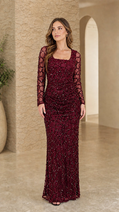 Burgundy wine sequin embellished long sleeve formal gown