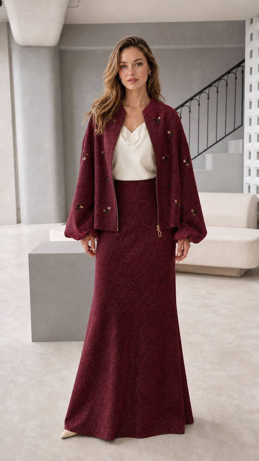 Women's embroidered jacket and maxi skirt set in burgundy wine