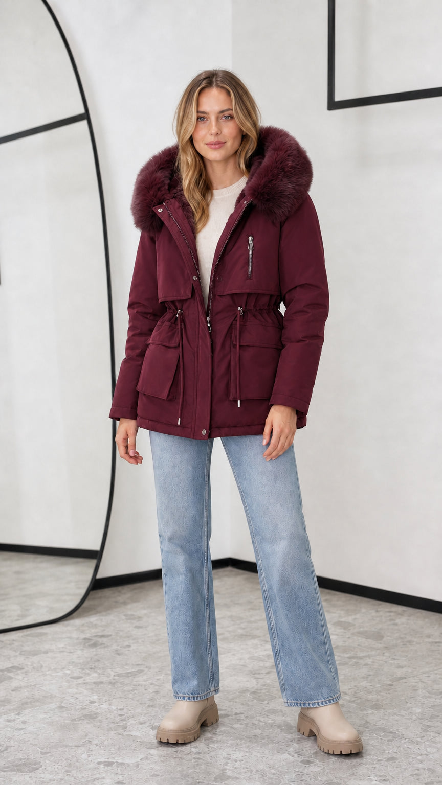 Women's burgundy red hooded fleece-lined parka jacket with faux fur trim