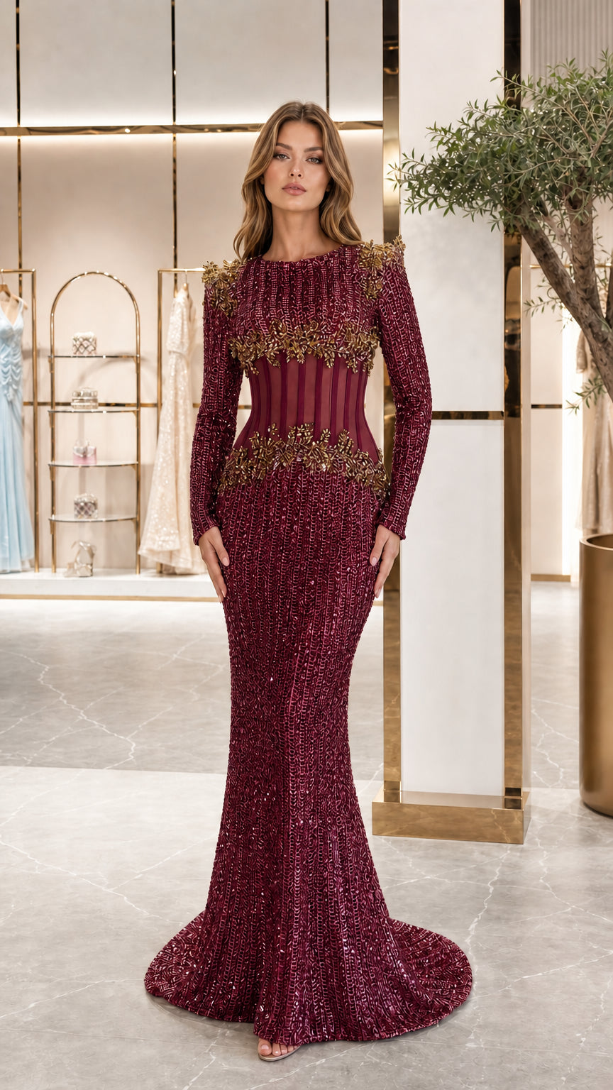 Burgundy long sleeve sequin evening gown with sheer embroidered waist front view