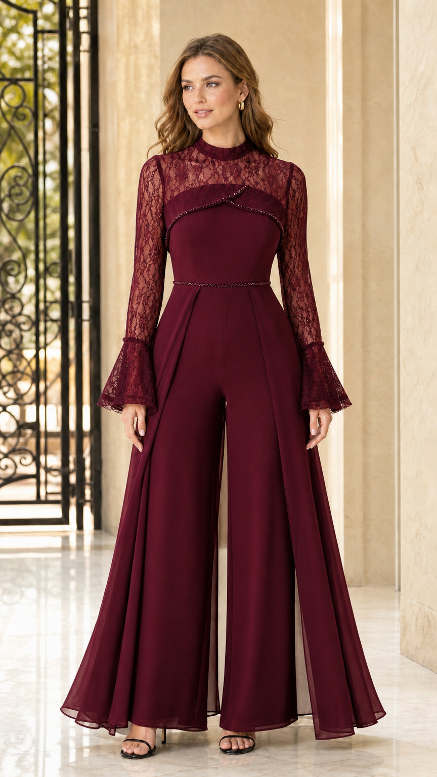 Full front view of burgundy wine red formal lace wide-leg jumpsuit with bell sleeves