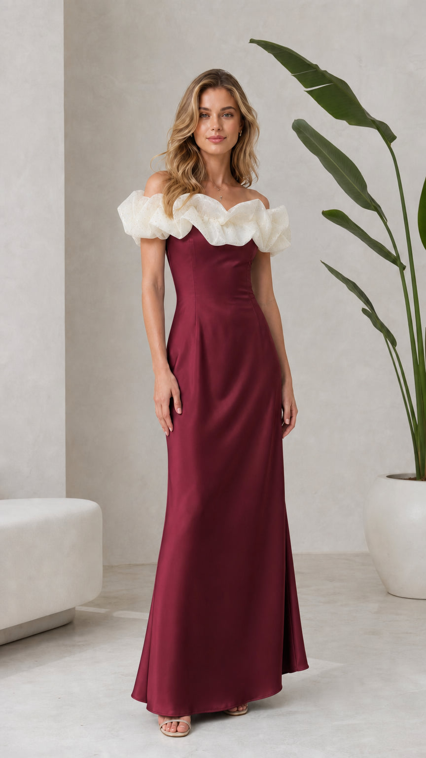 Burgundy wine red off-the-shoulder formal gown with ruffle collar