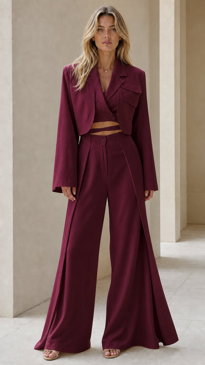 Front view of burgundy wine red cropped blazer and wide-leg suit set
