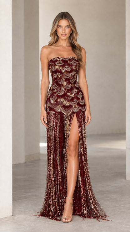Model wearing Burgundy red strapless sequin fringe maxi dress