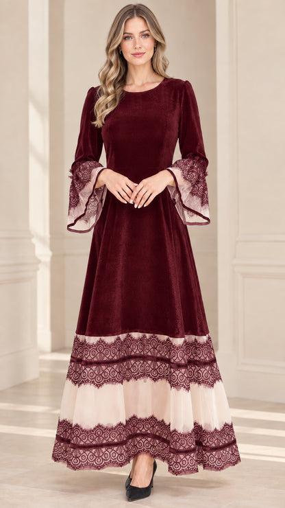 Model wearing burgundy wine red velvet evening maxi dress with lace accents