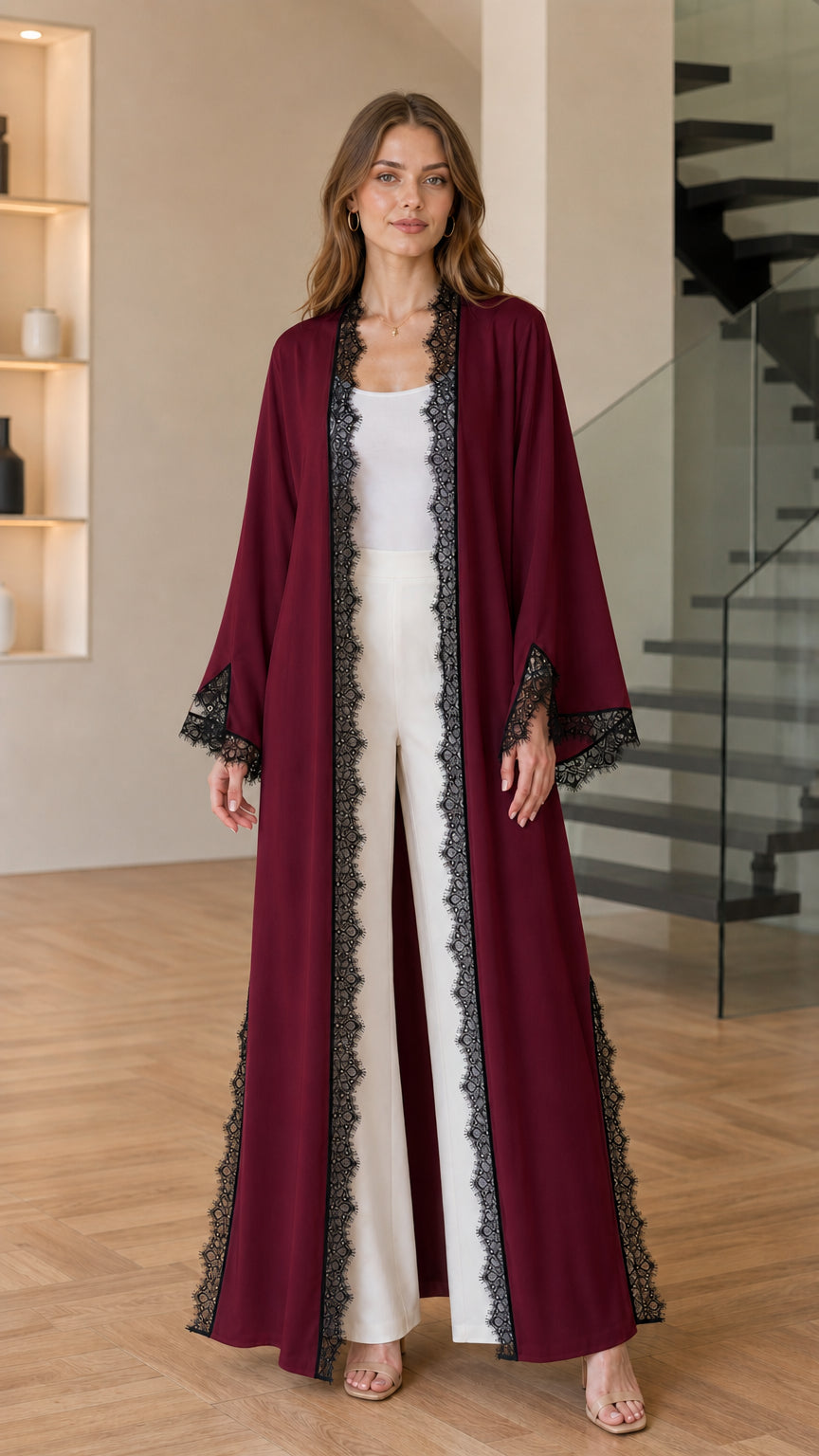 Front view of burgundy wine open-front maxi kimono cardigan with black lace trim