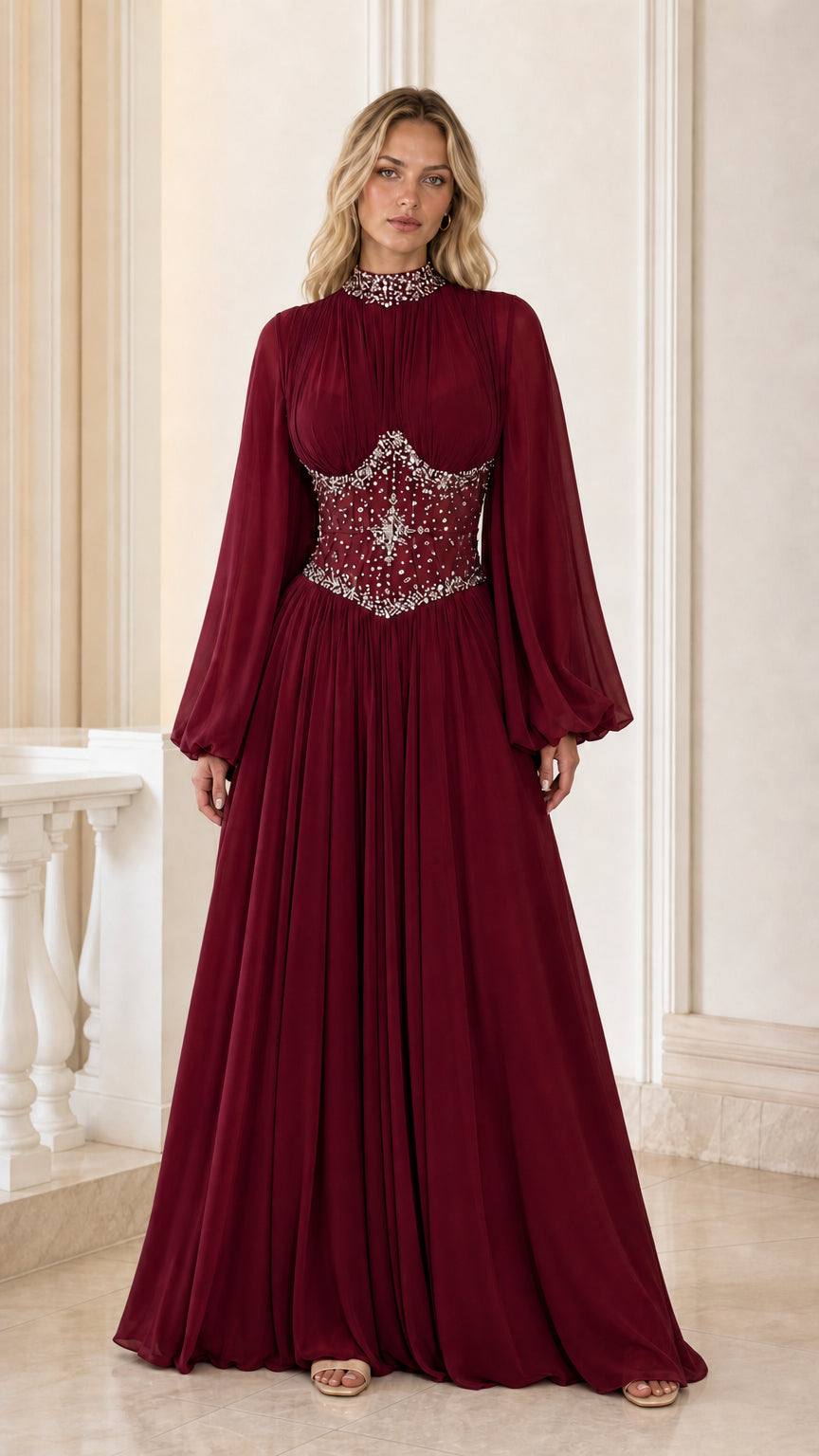 Burgundy wine red pleated chiffon evening gown with crystal-embellished bodice