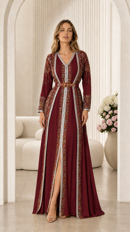 Burgundy wine red embroidered Moroccan kaftan evening dress with belt