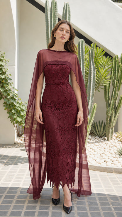 Burgundy wine lace evening gown with sheer cascading cape