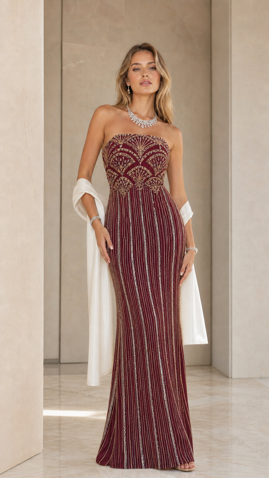 Burgundy wine strapless beaded maxi formal dress with shawl - front view