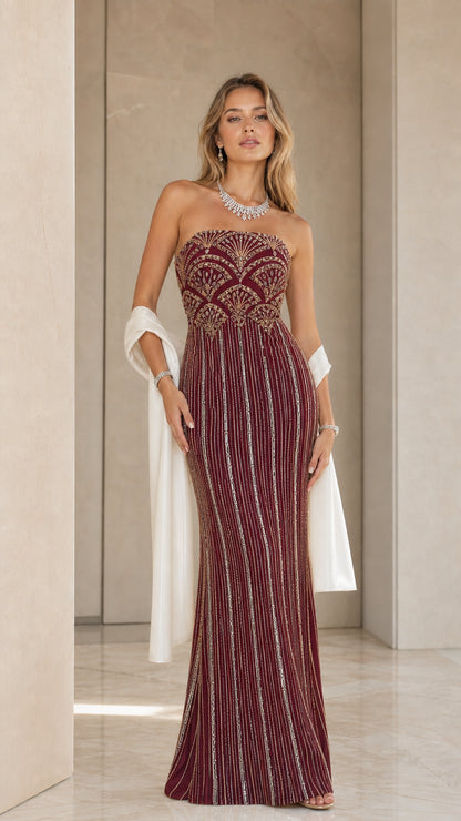 Burgundy wine strapless beaded maxi formal dress with shawl - front view