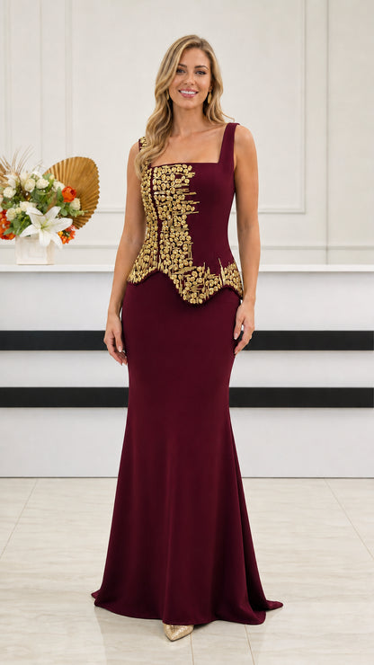 Burgundy wine red square neck floor-length evening dress with gold beadwork