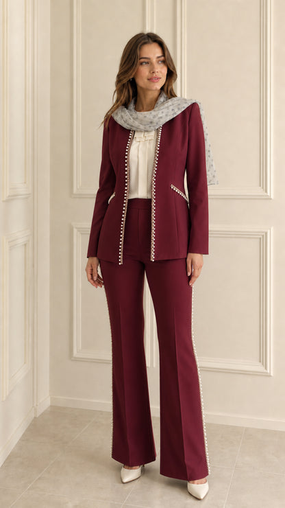Burgundy pearl trimmed two piece tailored suit set