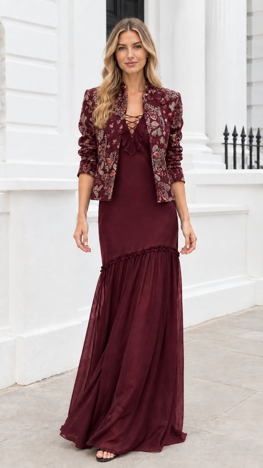 Front view of burgundy wine red floral jacquard jacket and maxi dress two-piece set