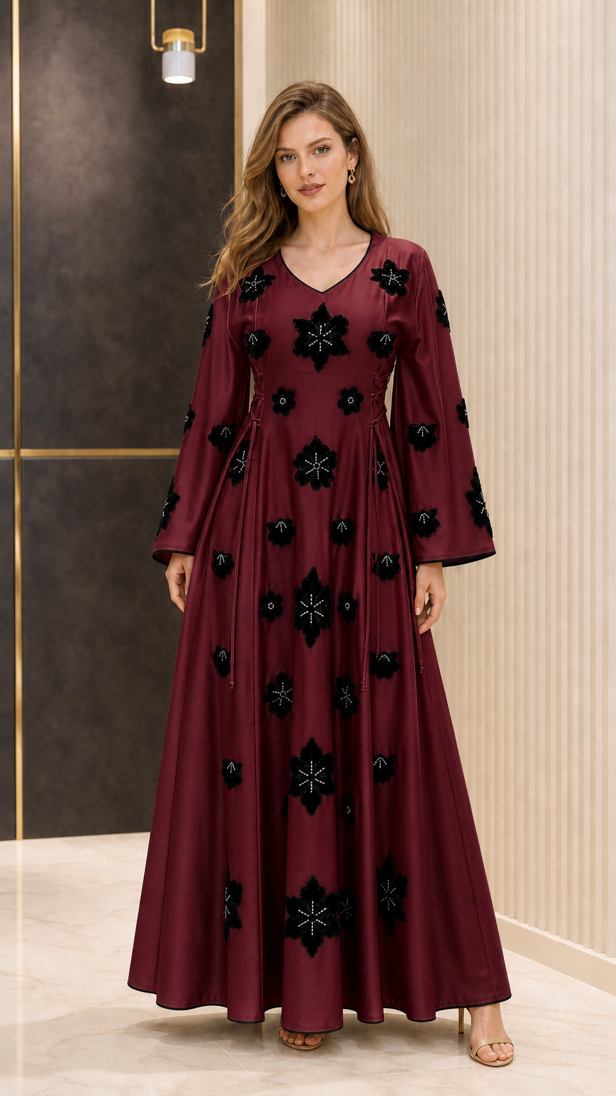 Full-length view of Burgundy satin maxi dress with contrast floral details