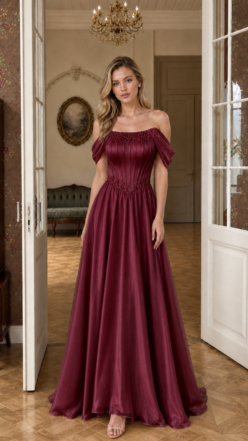 Burgundy wine red beaded corset formal maxi dress front view