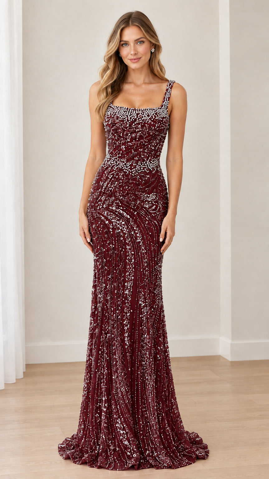Front view of model wearing Burgundy wine sequin embellished evening gown