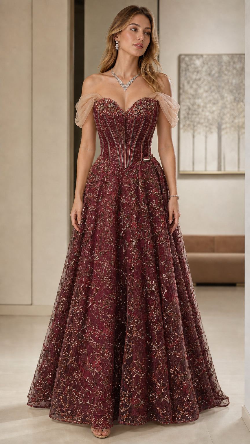 Burgundy wine red off-shoulder boned corset glitter evening gown