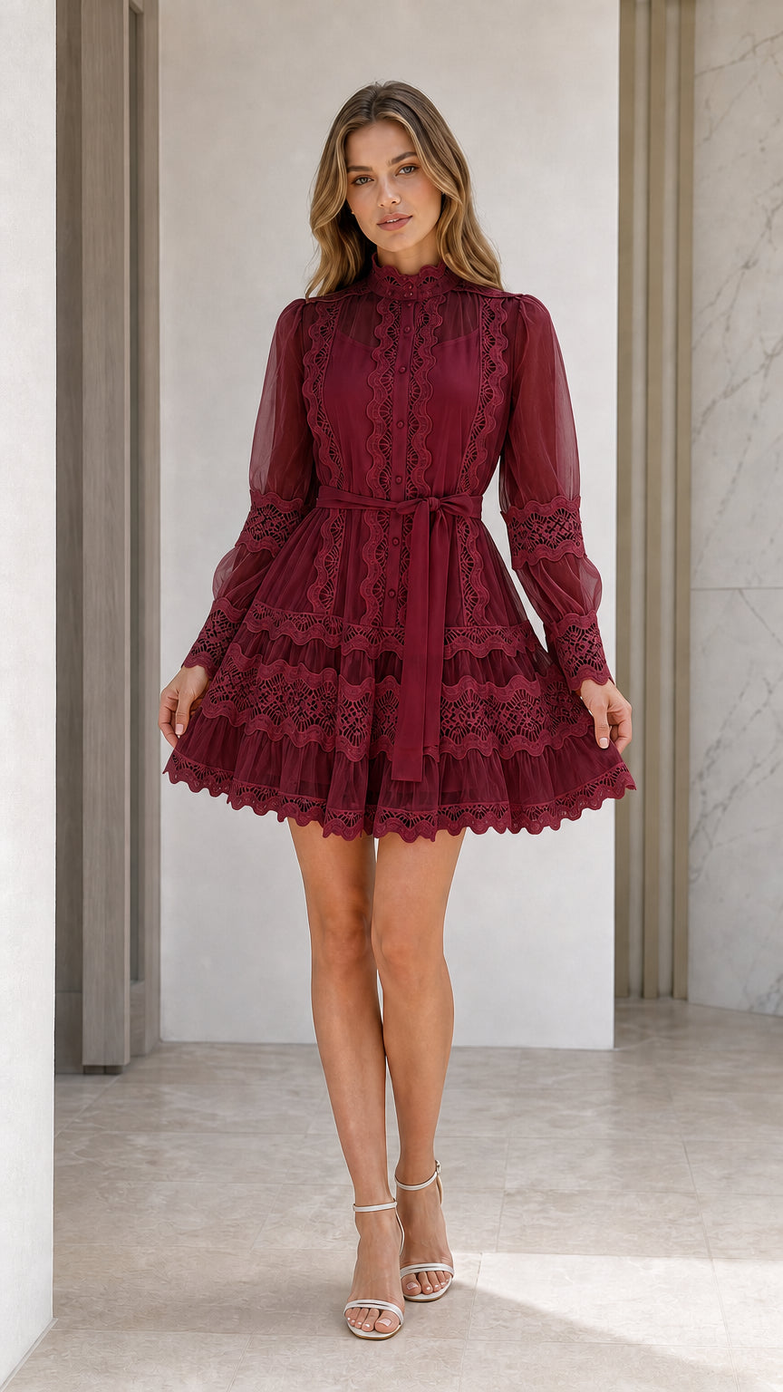 Front view of burgundy wine red lace trim mock neck long sleeve mini dress