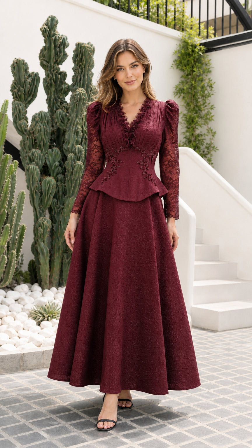 Burgundy wine red lace sleeve peplum maxi evening gown full view