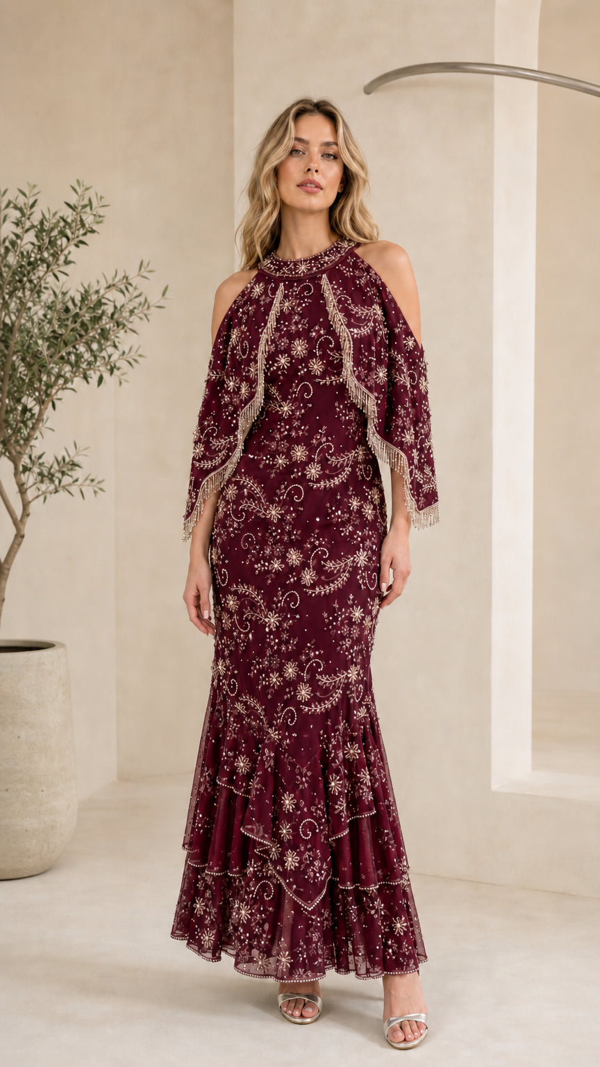 Burgundy wine cold-shoulder beaded mermaid gown on model