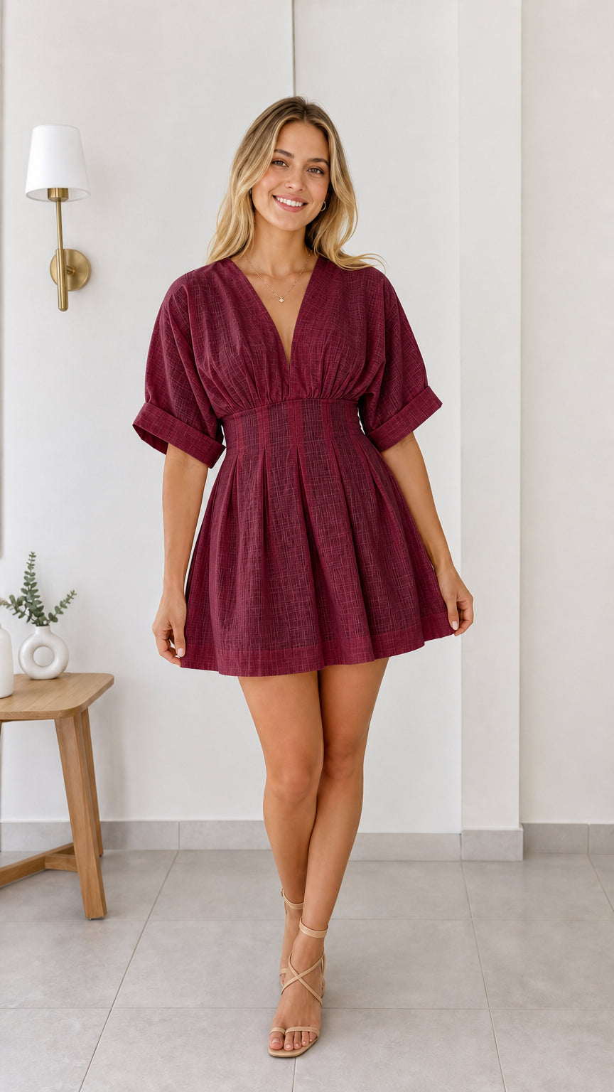 Model wearing burgundy red short sleeve pleated mini dress