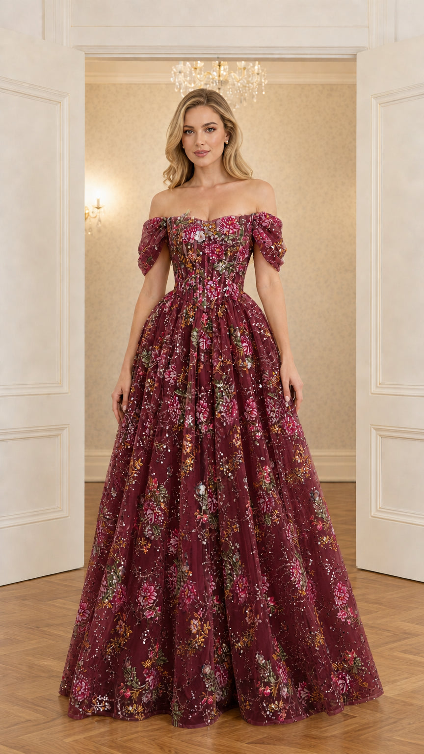 Burgundy wine red off-the-shoulder floral sequin formal ball gown