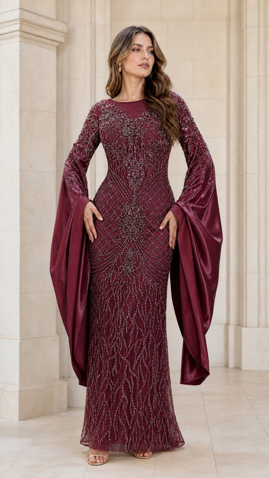 Burgundy wine beaded floor-length formal gown with satin cape drapes